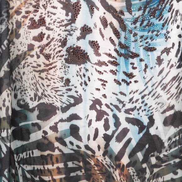 B.L.E.U. Shirt L Womens Animal Print Blue Brown Crochet Rhinestone Short Sleeve - Picture 3 of 6